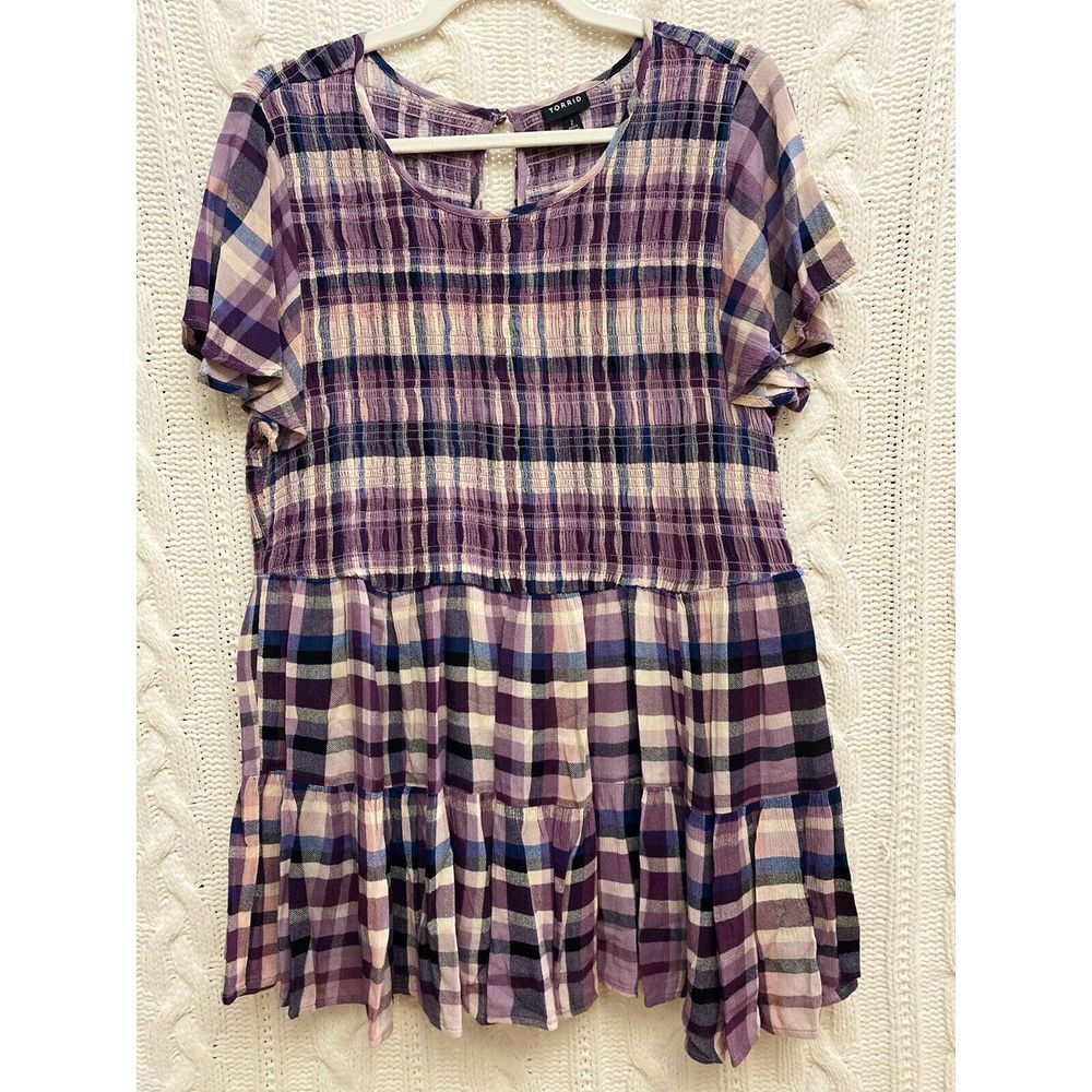 Torrid Gauze Babydoll Top Size 2X Purple Plaid Smocked S/S Peasant Cowgirl